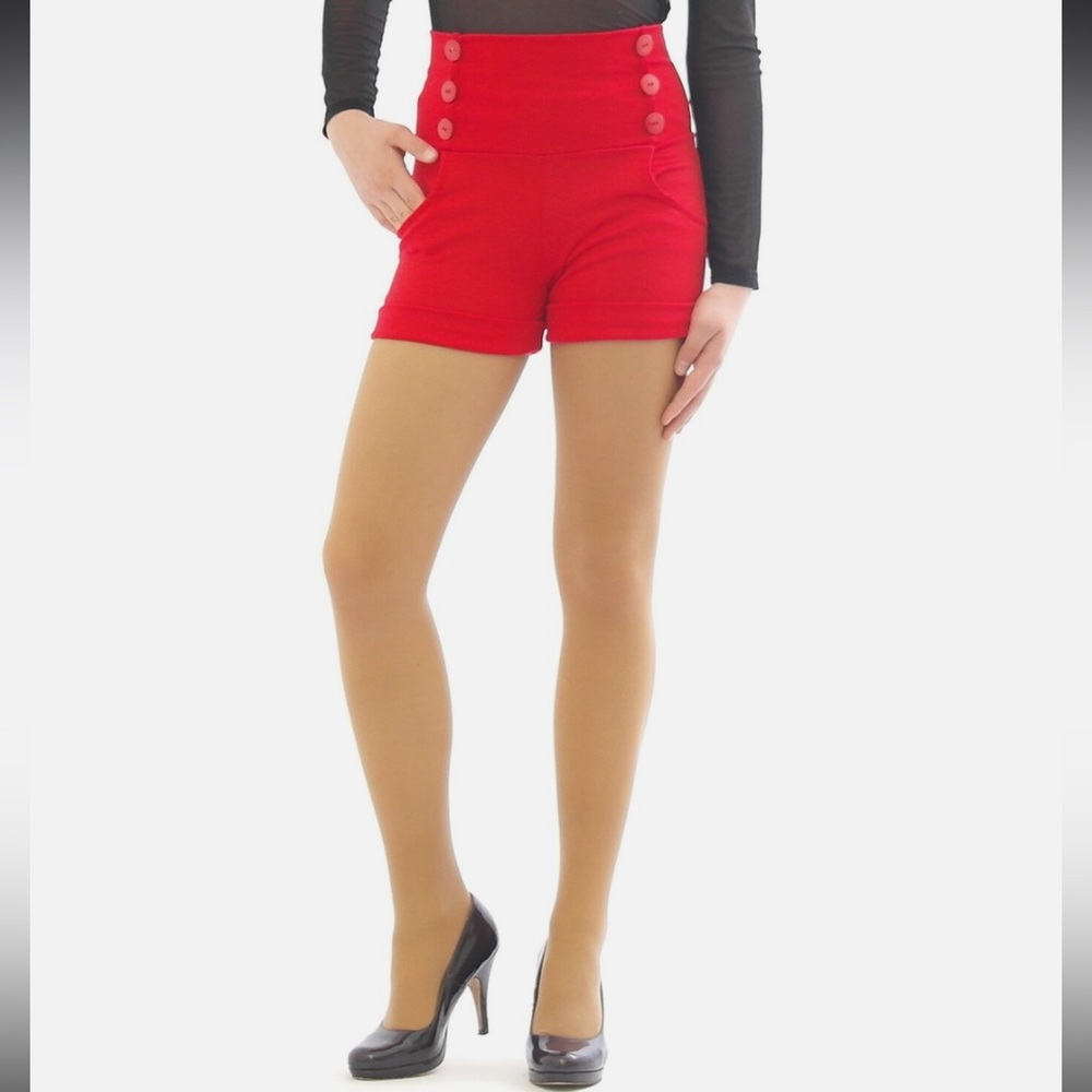Talula Red High-Waisted Shorts with Button Detail
